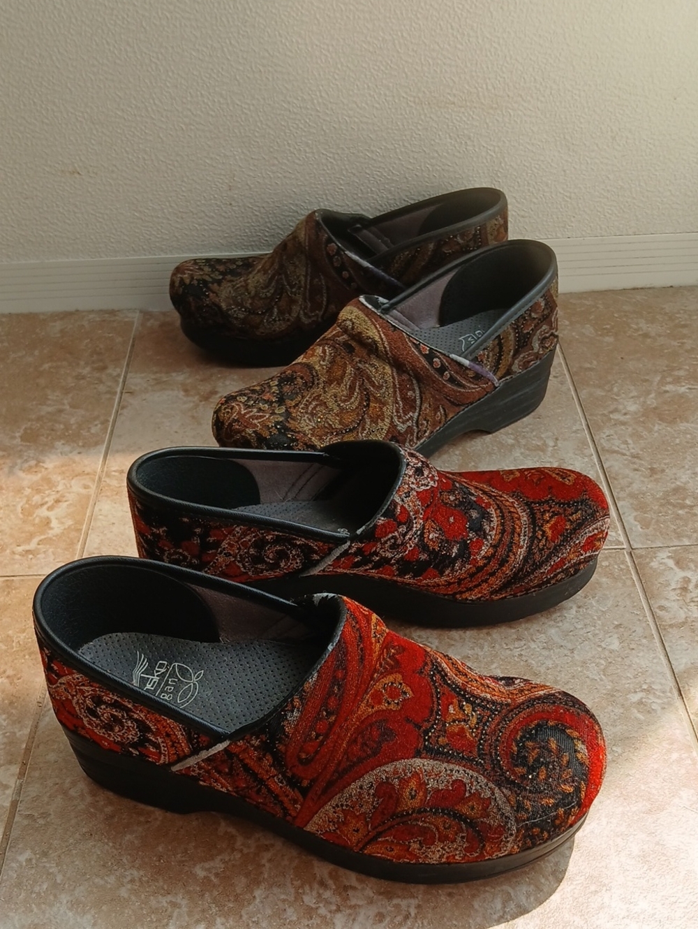 Dansko Vegan Red & Green Paisley Slip-On Clogs
